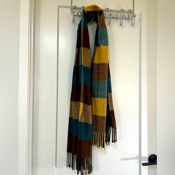 100% Cashmere Blue & Brown Checked Scarf - Picture 1 of 3